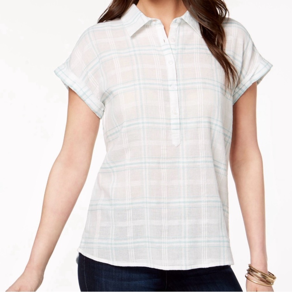 Style & Co Women's Deck Mint Short Rolled Sleeve Button Shirt Size L